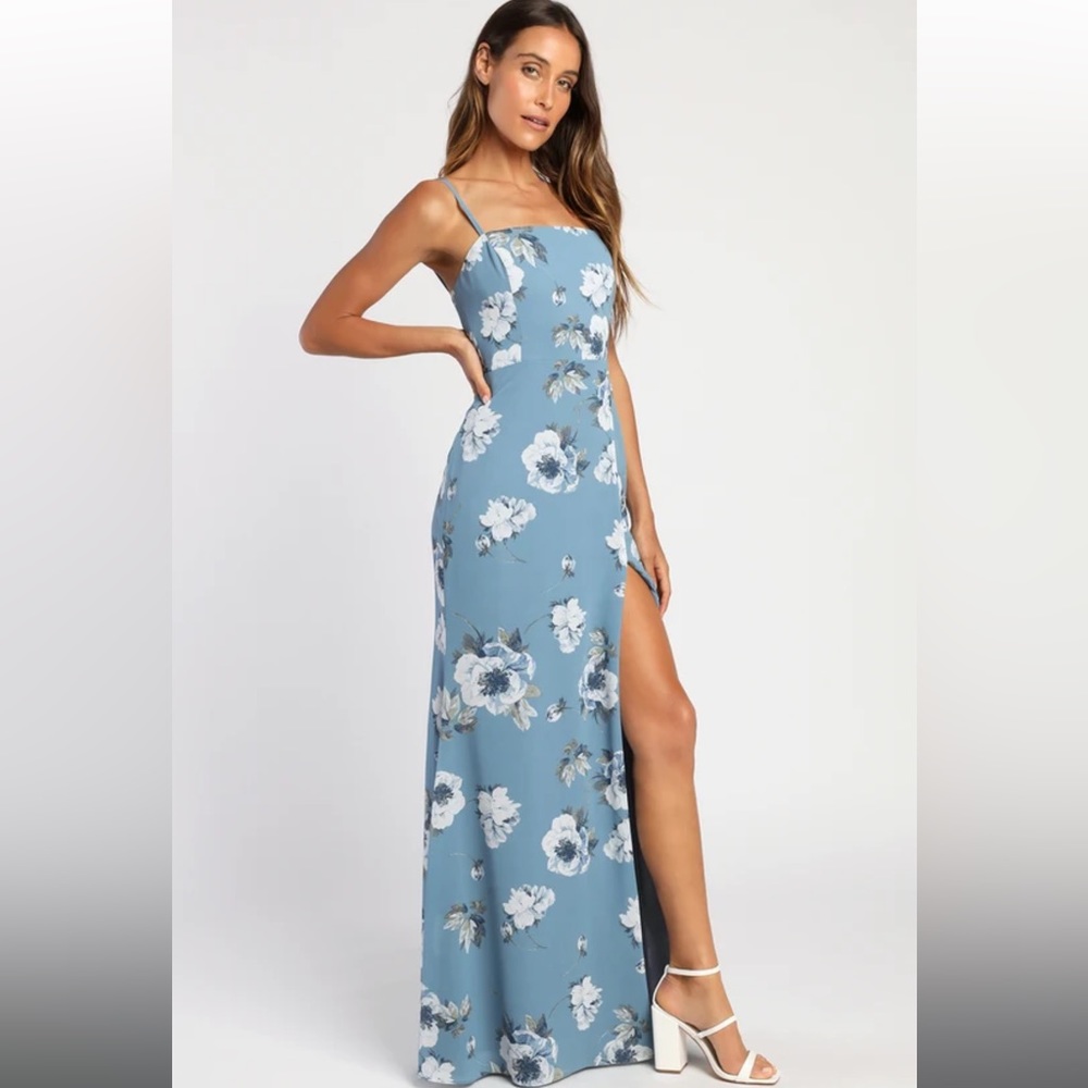 Feeling Elegant Slate Blue Floral Print Lace-Up Slit Maxi Dress.Brand New.Large